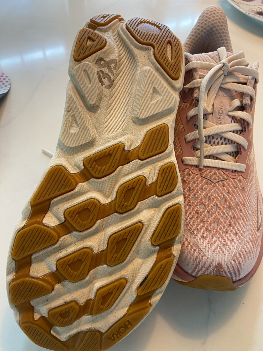 Hoka Clifton Women's Athletic Shoes in Blush Pink and White - Picture 8 of 16